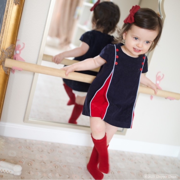 Bella Bliss | Pleated Corduroy Dress in Navy and Red - Picture 3 of 8